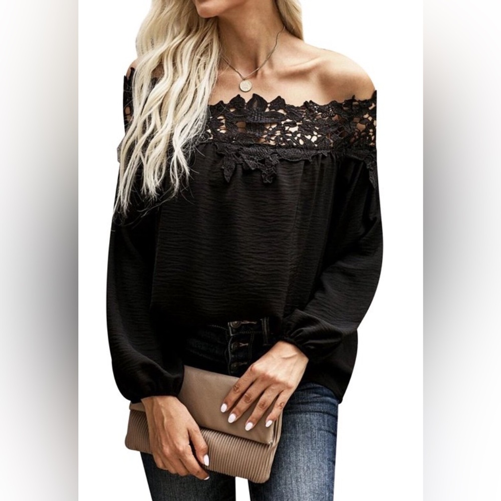 Women Off Shoulder Lace Spliced Cutout Long Sleeve Ruffled Pullover Top